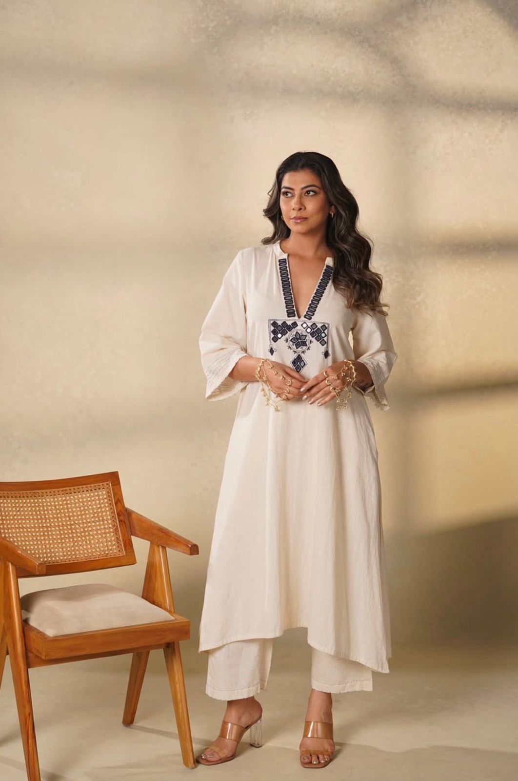 Women's Off White Embroidered Kurti Pant Set | Elegant Ethnic Wear for Summer | Attire Vogue