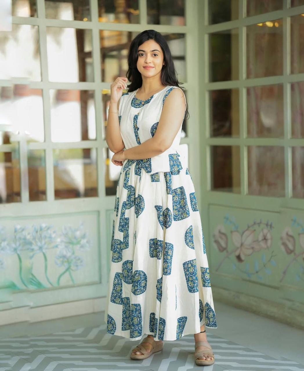 Attire Vogue Women's Cotton Printed A-Line Kurti Skirt Dress | Sleeveless Flared Ethnic Wear