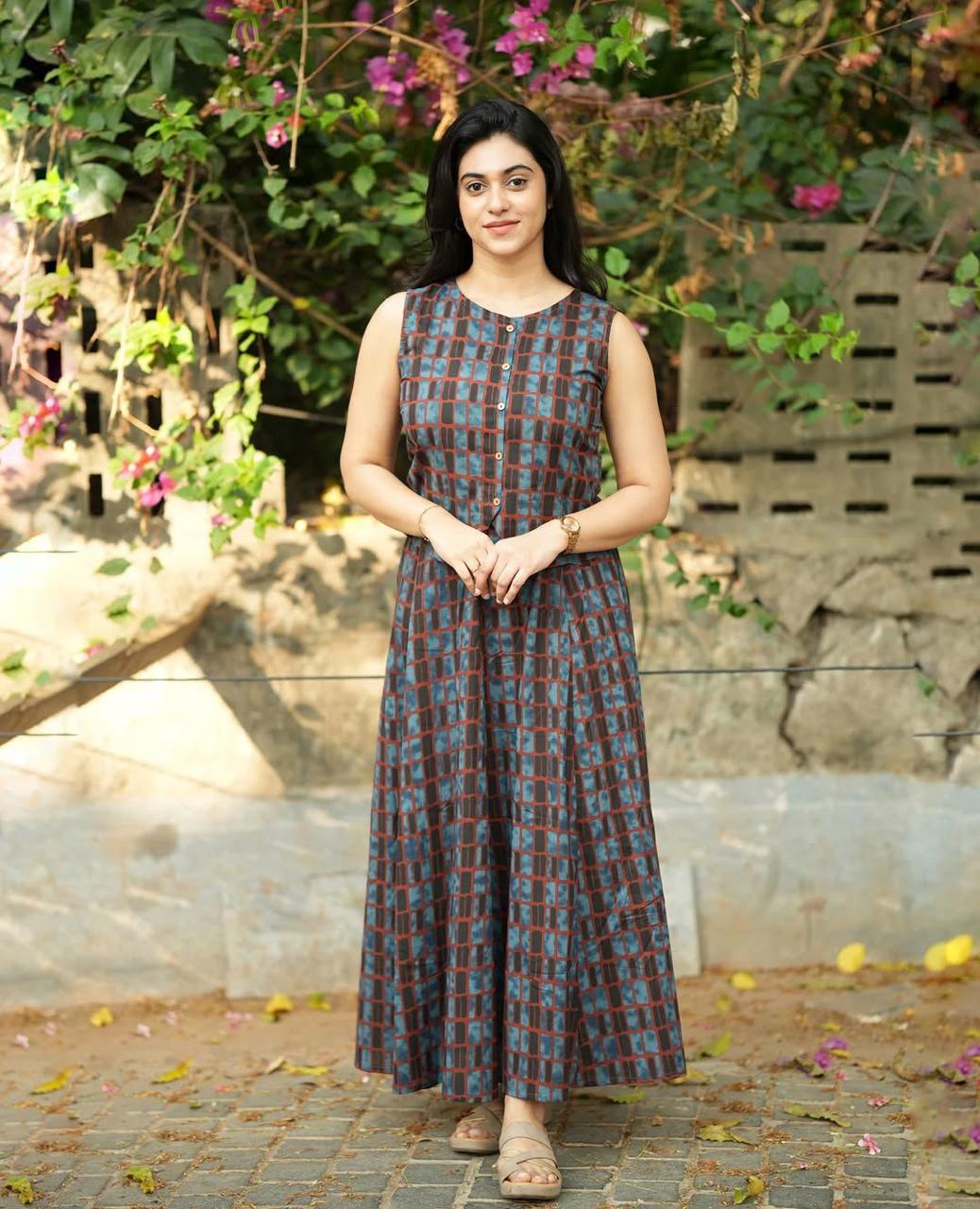 Attire Vogue Women's Cotton Printed A-Line Kurti Skirt Dress | Sleeveless Flared Ethnic Wear