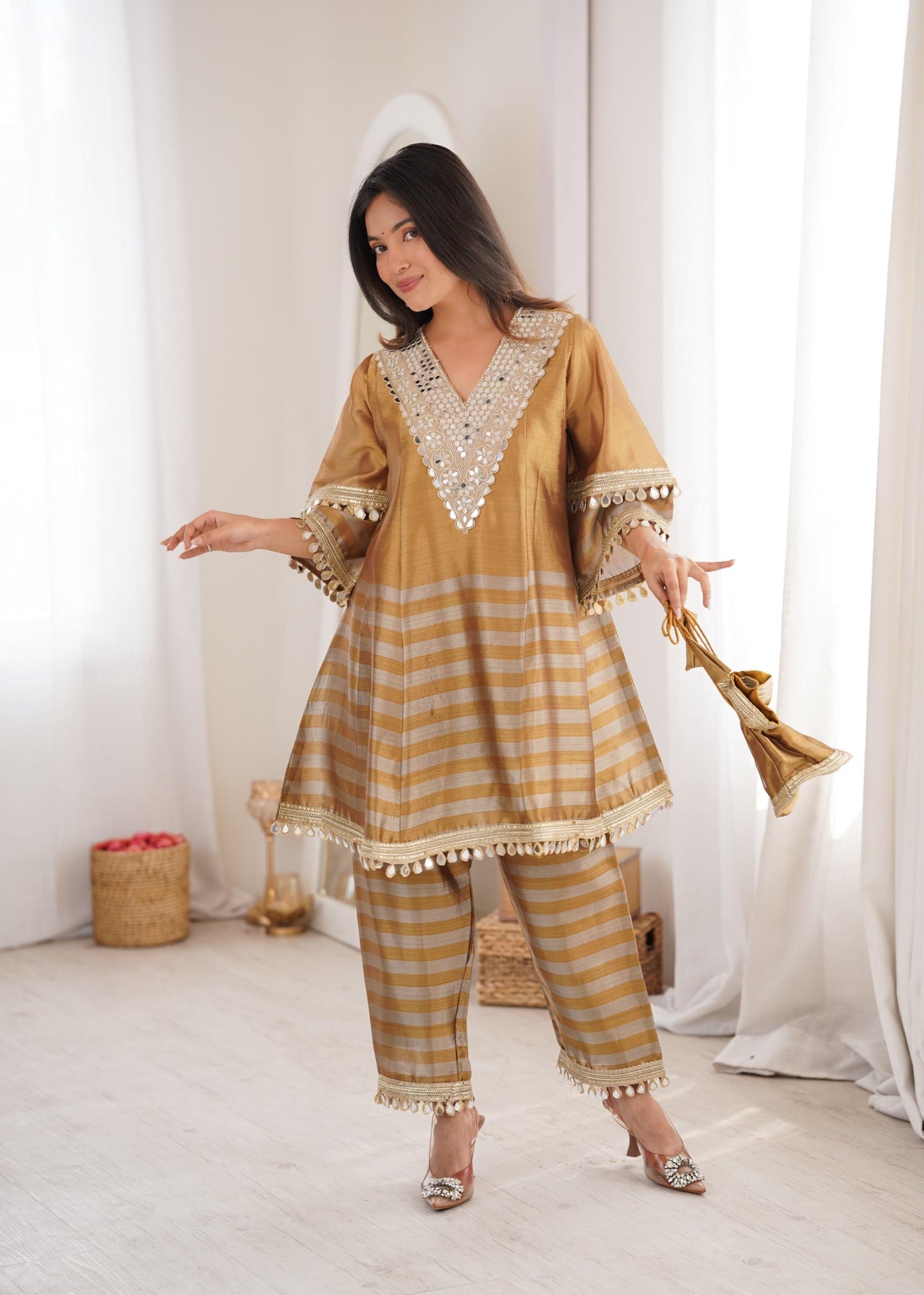 Women's Golden Mirror Work Top & Pant Set | Festive Ethnic Co-Ord Set | Attire Vogue