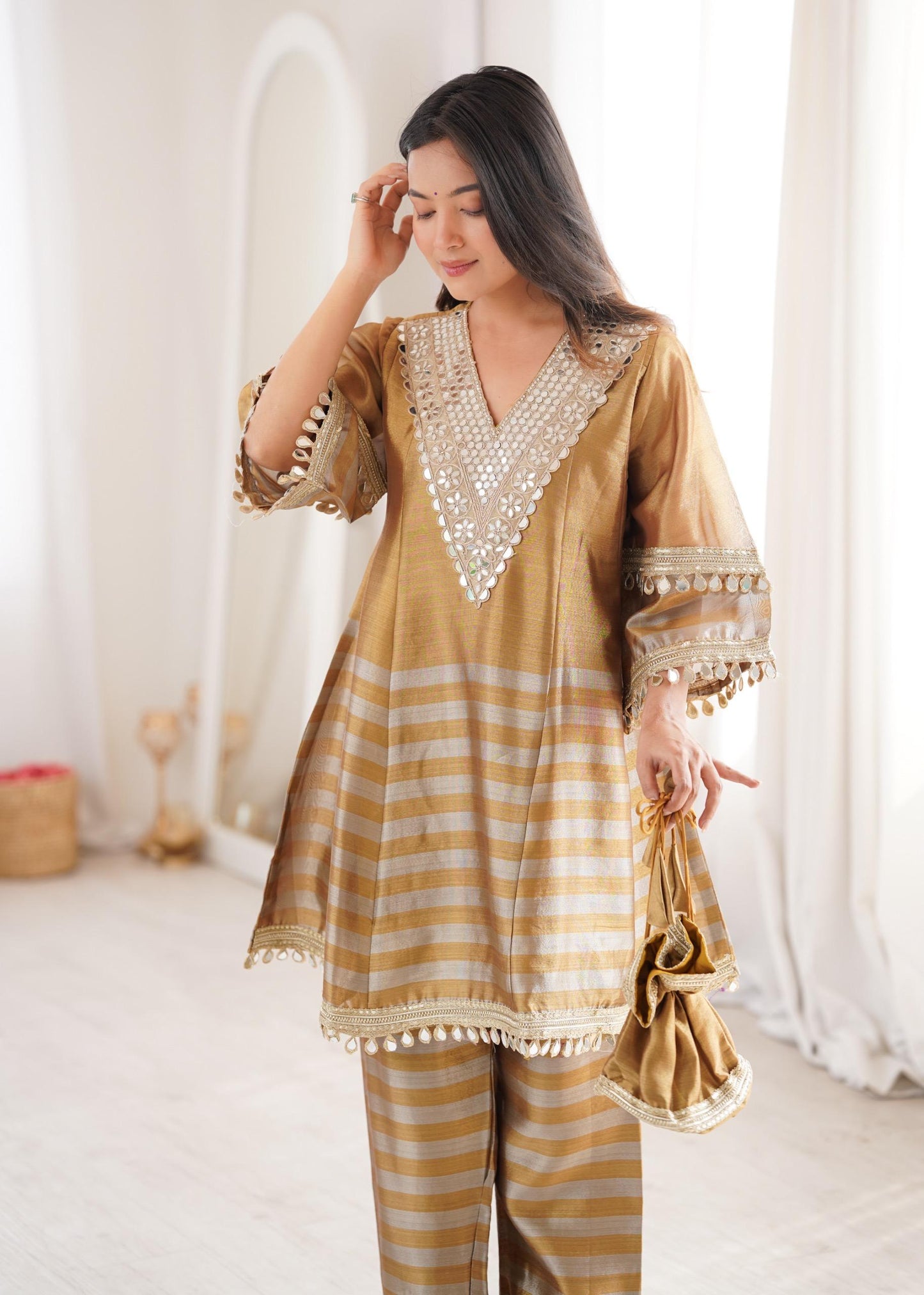 Women's Golden Mirror Work Top & Pant Set | Festive Ethnic Co-Ord Set | Attire Vogue