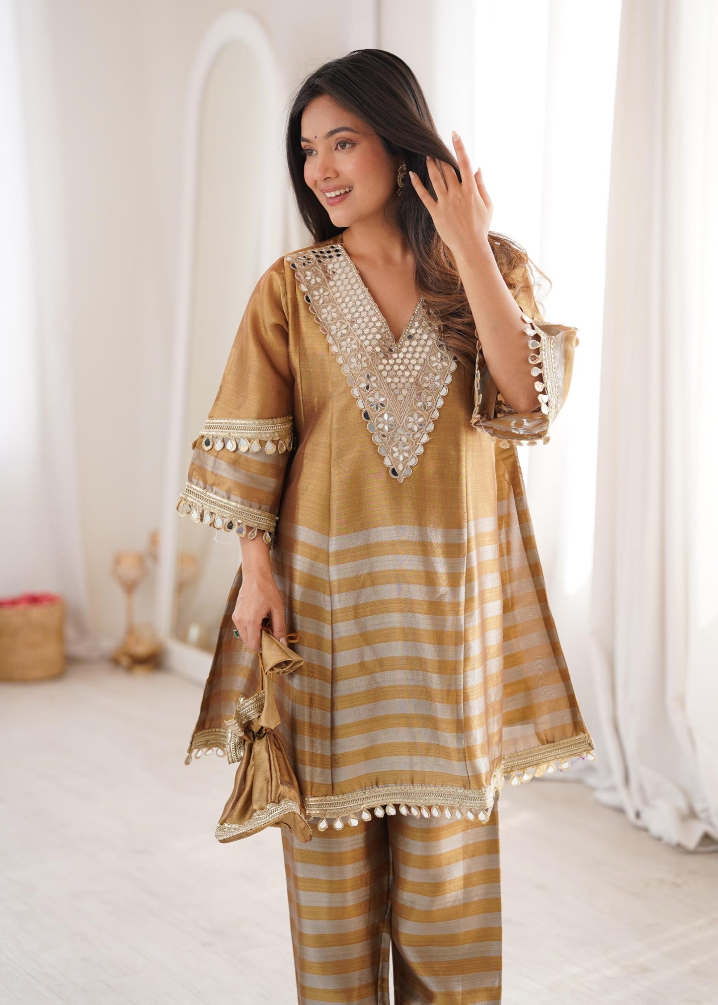 Women's Golden Mirror Work Top & Pant Set | Festive Ethnic Co-Ord Set | Attire Vogue