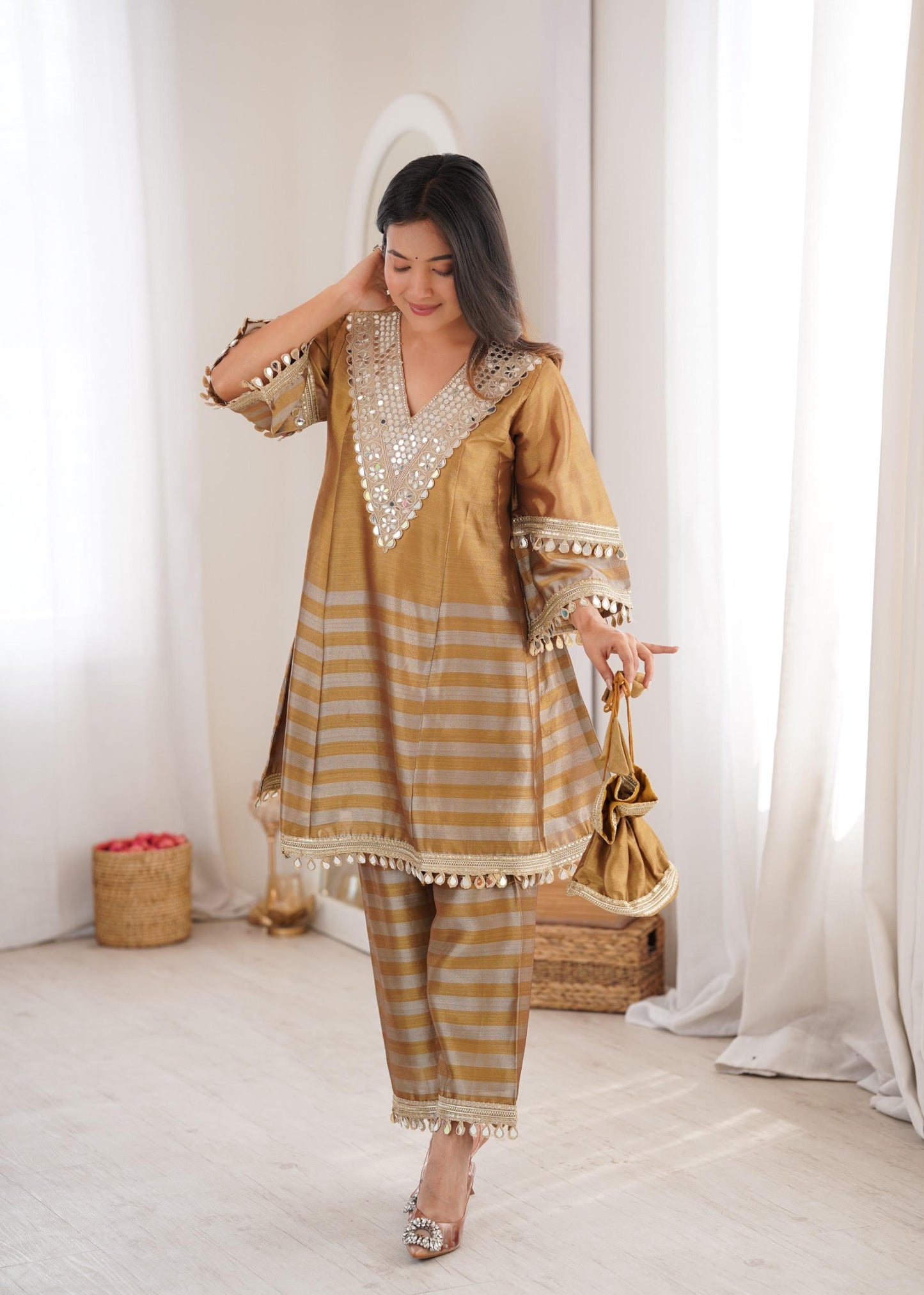 Women's Golden Mirror Work Top & Pant Set | Festive Ethnic Co-Ord Set | Attire Vogue