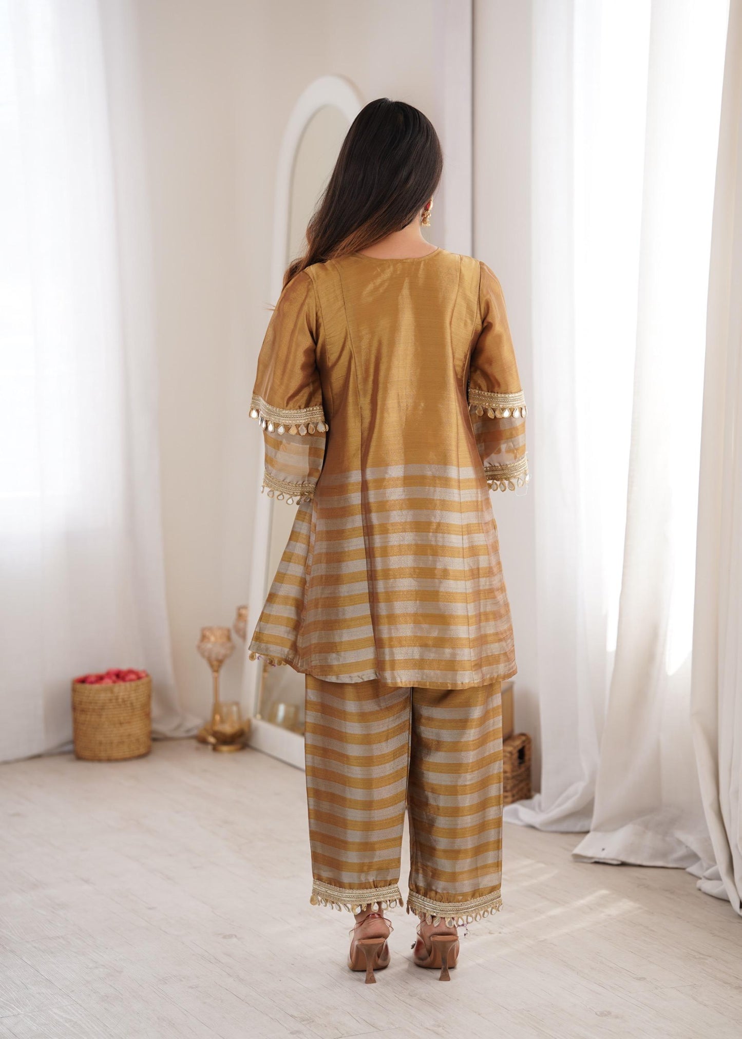 Women's Golden Mirror Work Top & Pant Set | Festive Ethnic Co-Ord Set | Attire Vogue