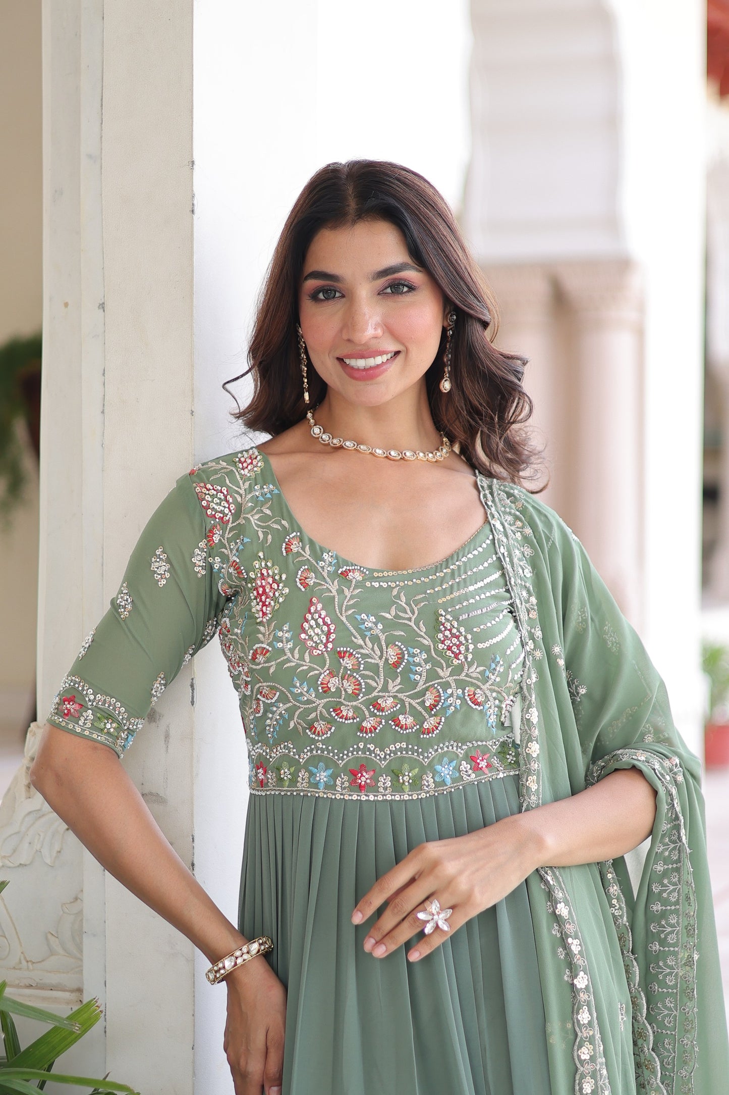 Attire Vogue Sage Green Embroidered Anarkali Gown with Dupatta | Women's Festive & Wedding Wear