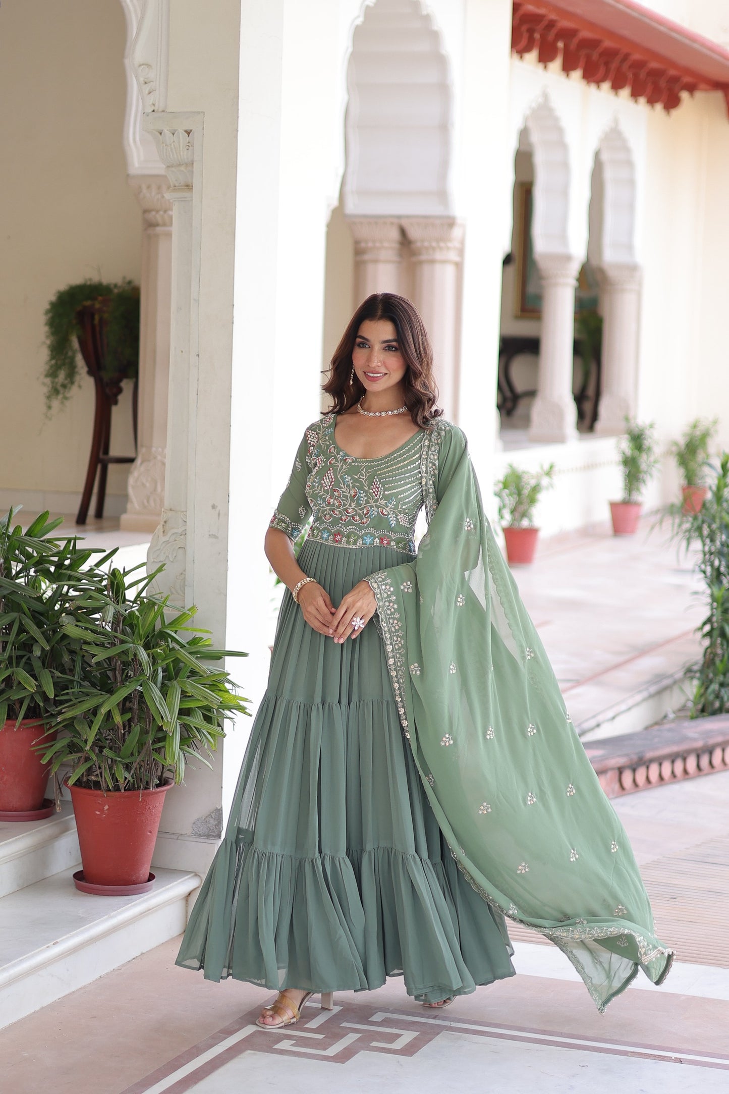 Attire Vogue Sage Green Embroidered Anarkali Gown with Dupatta | Women's Festive & Wedding Wear
