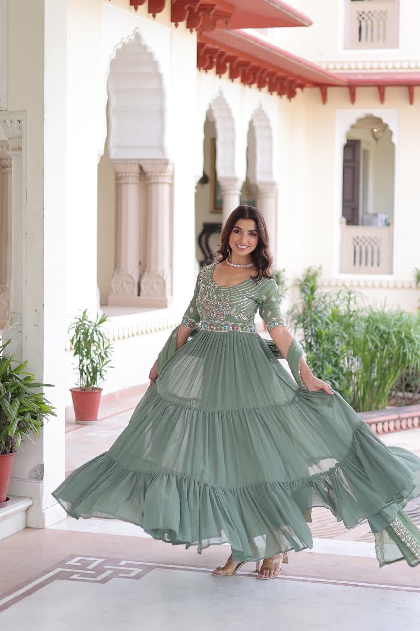 Attire Vogue Sage Green Embroidered Anarkali Gown with Dupatta | Women's Festive & Wedding Wear