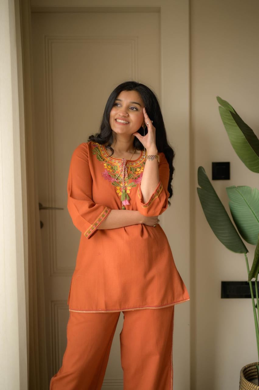Women's Embroidered Cotton Co-Ord Set | Premium Kurti & Palazzo Set | 5 Colors Available