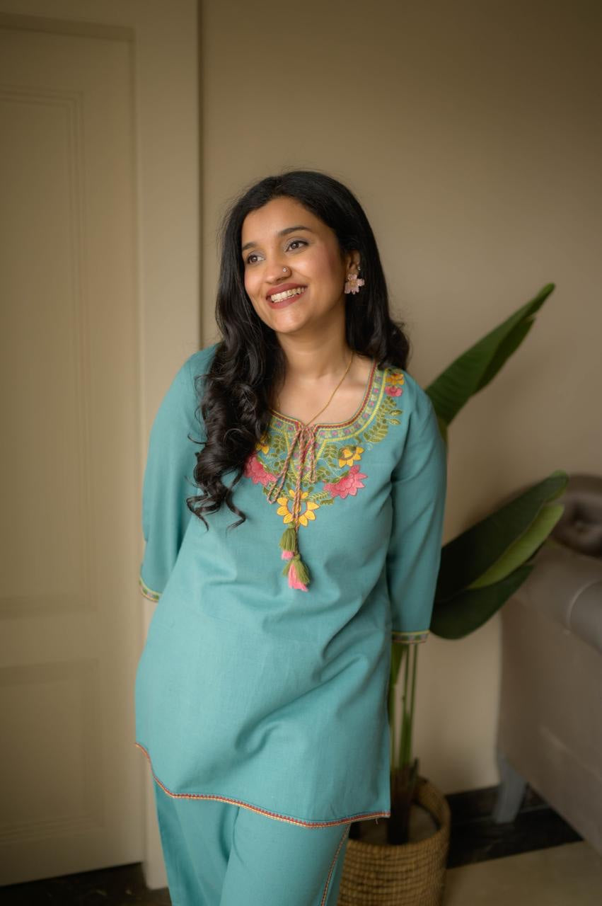 Women's Embroidered Cotton Co-Ord Set | Premium Kurti & Palazzo Set | 5 Colors Available