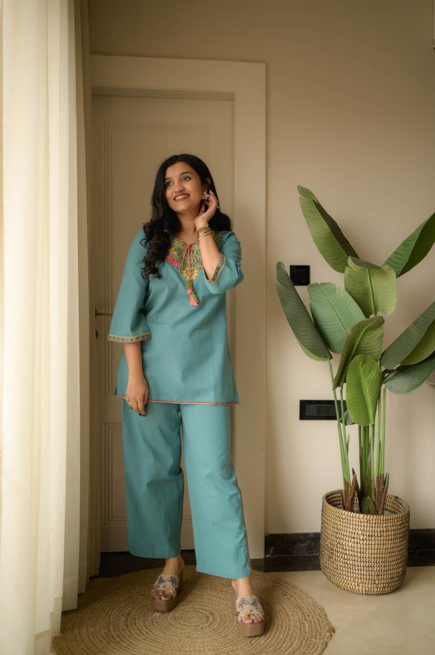 Women's Embroidered Cotton Co-Ord Set | Premium Kurti & Palazzo Set | 5 Colors Available