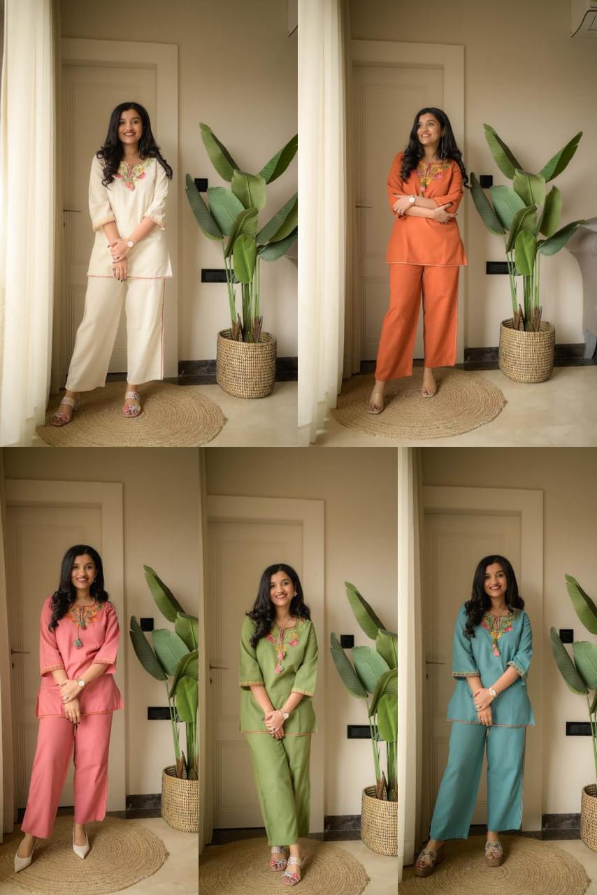 Women's Embroidered Cotton Co-Ord Set | Premium Kurti & Palazzo Set | 5 Colors Available