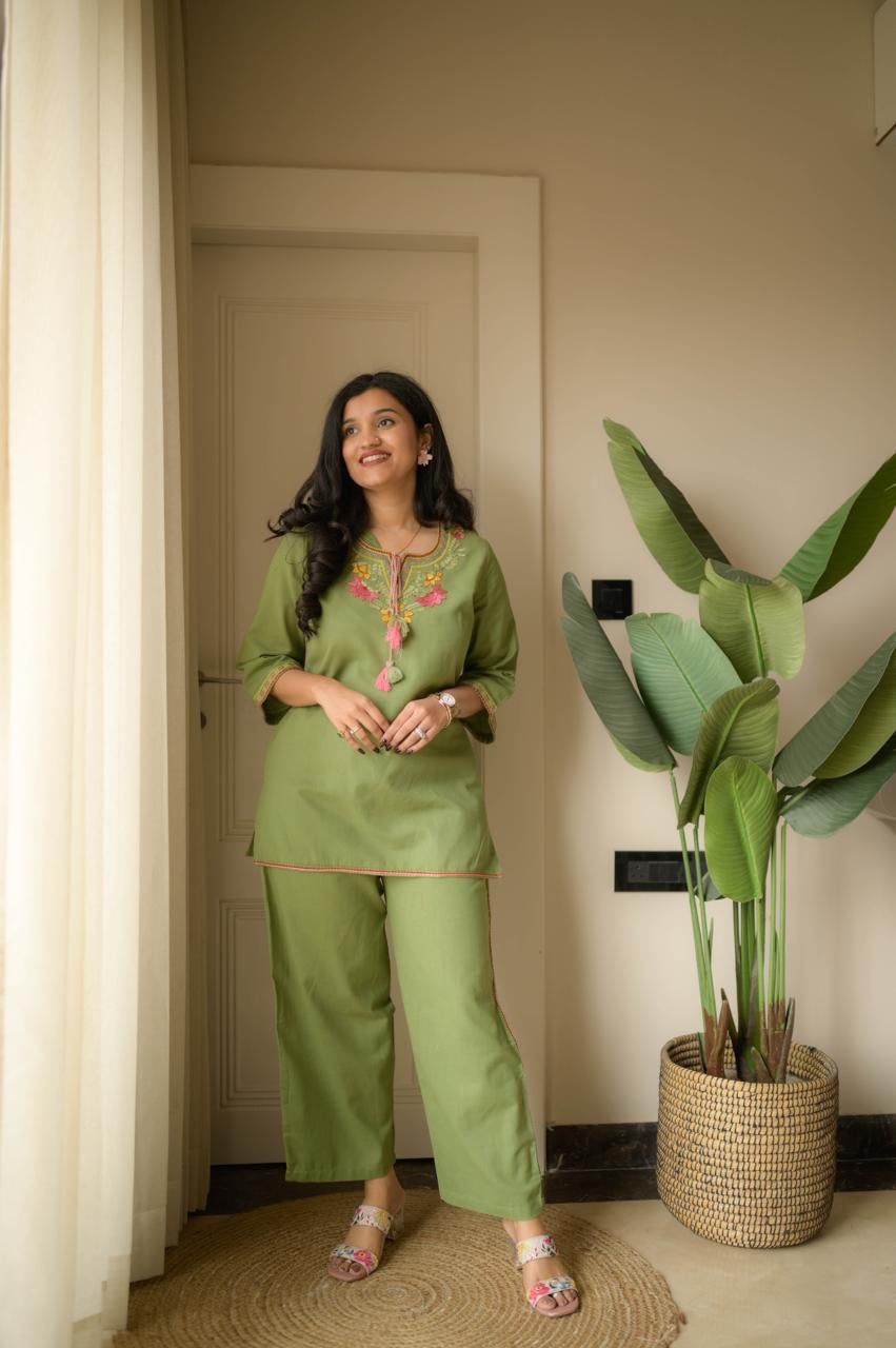 Women's Embroidered Cotton Co-Ord Set | Premium Kurti & Palazzo Set | 5 Colors Available