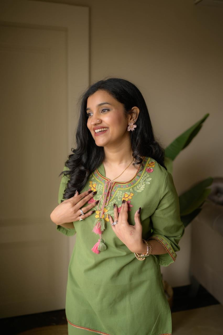 Women's Embroidered Cotton Co-Ord Set | Premium Kurti & Palazzo Set | 5 Colors Available