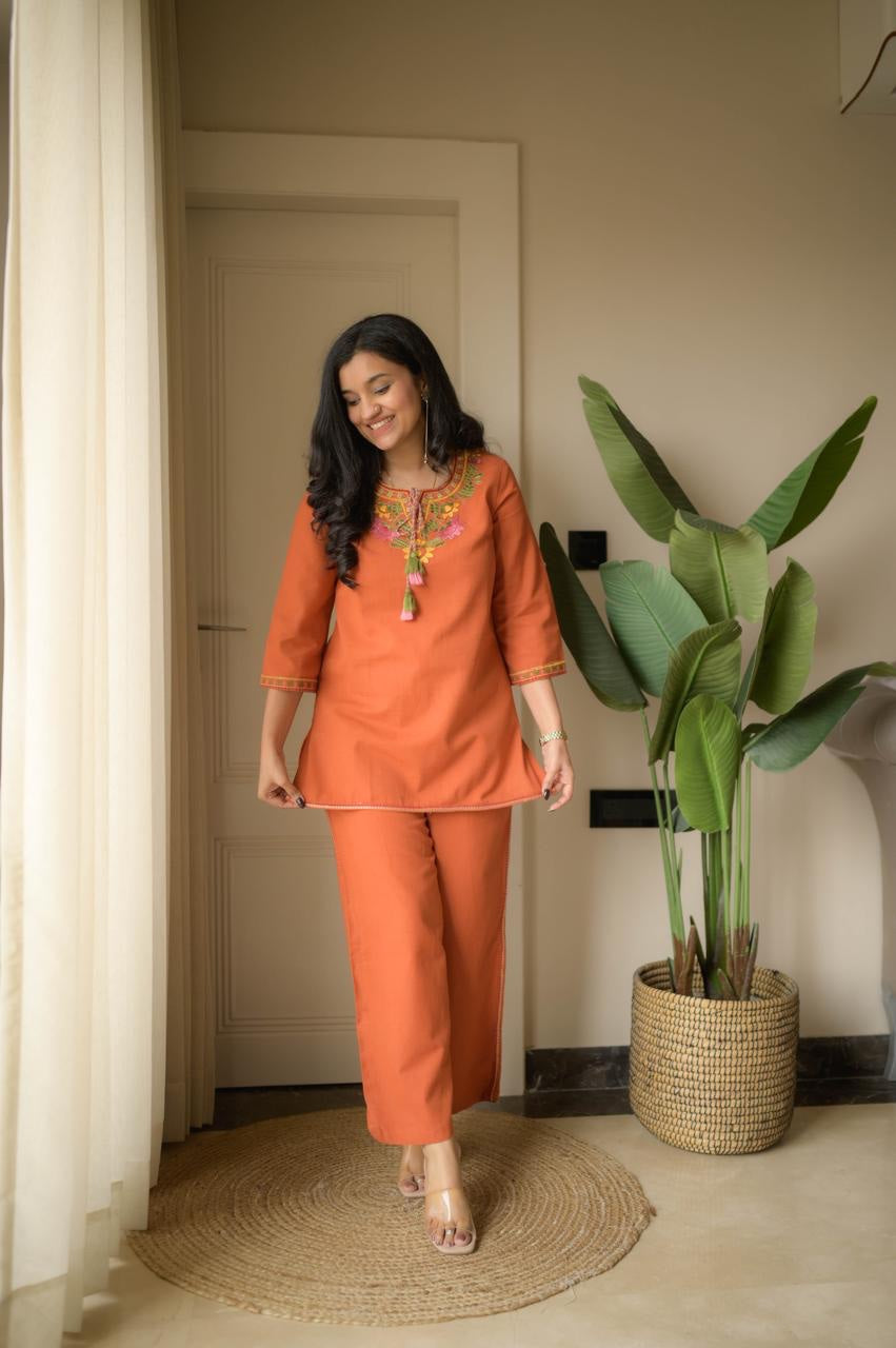 Women's Embroidered Cotton Co-Ord Set | Premium Kurti & Palazzo Set | 5 Colors Available