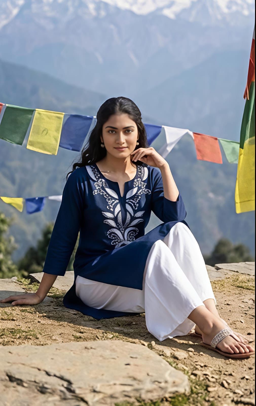 Women's Embroidered Cotton Kurti & Palazzo Co-Ord Set | Lime Green & Navy Blue | Casual Summer Ethnic Wear