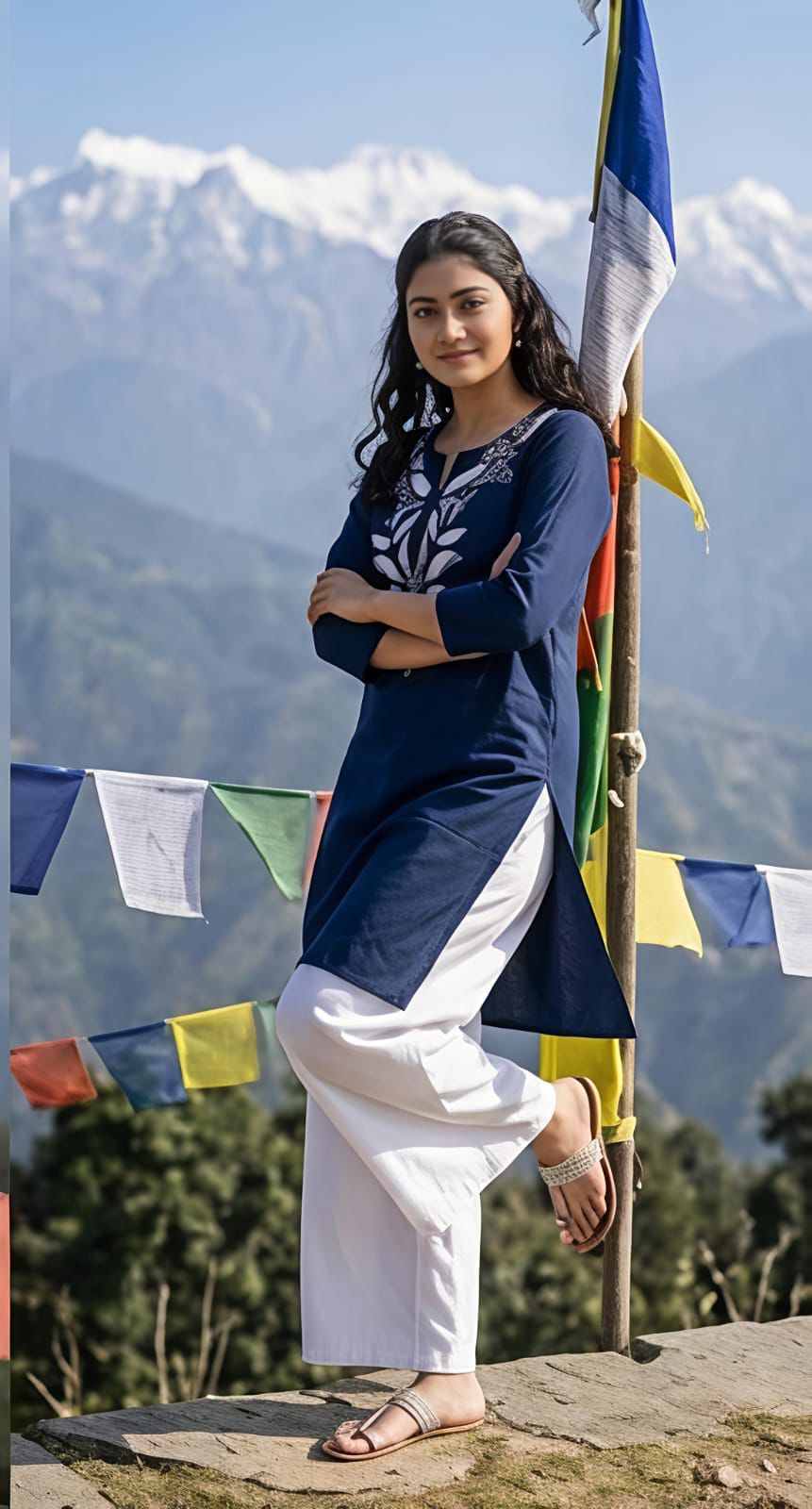 Women's Embroidered Cotton Kurti & Palazzo Co-Ord Set | Lime Green & Navy Blue | Casual Summer Ethnic Wear