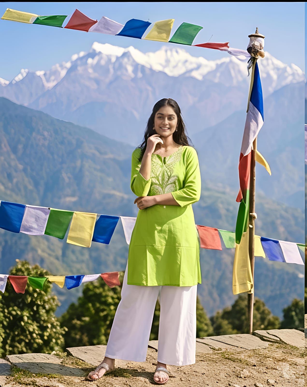 Women's Embroidered Cotton Kurti & Palazzo Co-Ord Set | Lime Green & Navy Blue | Casual Summer Ethnic Wear