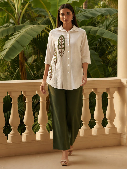 Botanical Embroidered Co-ord Set for Women | Premium Linen Shirt & Pants