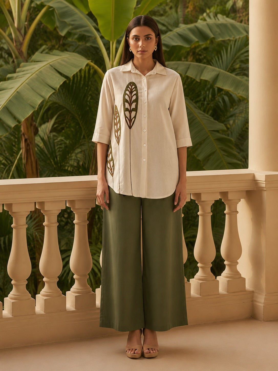 Botanical Embroidered Co-ord Set for Women | Premium Linen Shirt & Pants