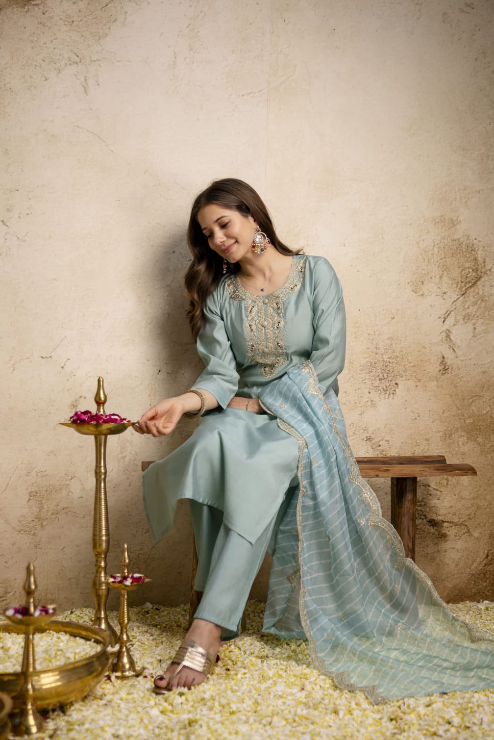Pastel Blue Embroidered Kurta Pant Set with Dupatta for Women | Festive Wear