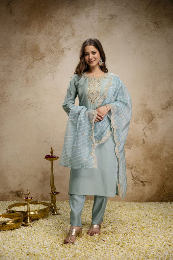 Pastel Blue Embroidered Kurta Pant Set with Dupatta for Women | Festive Wear