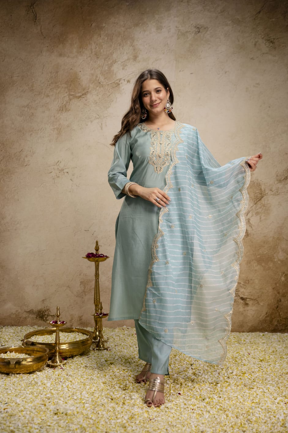 Pastel Blue Embroidered Kurta Pant Set with Dupatta for Women | Festive Wear