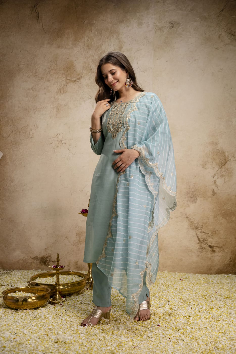 Pastel Blue Embroidered Kurta Pant Set with Dupatta for Women | Festive Wear