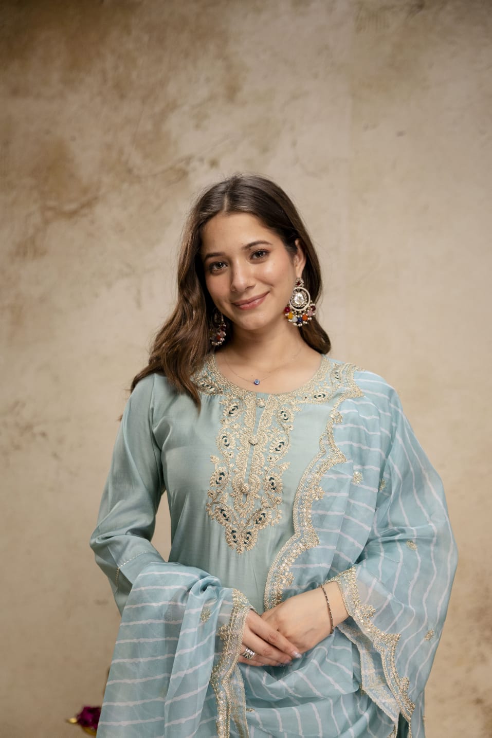 Pastel Blue Embroidered Kurta Pant Set with Dupatta for Women | Festive Wear