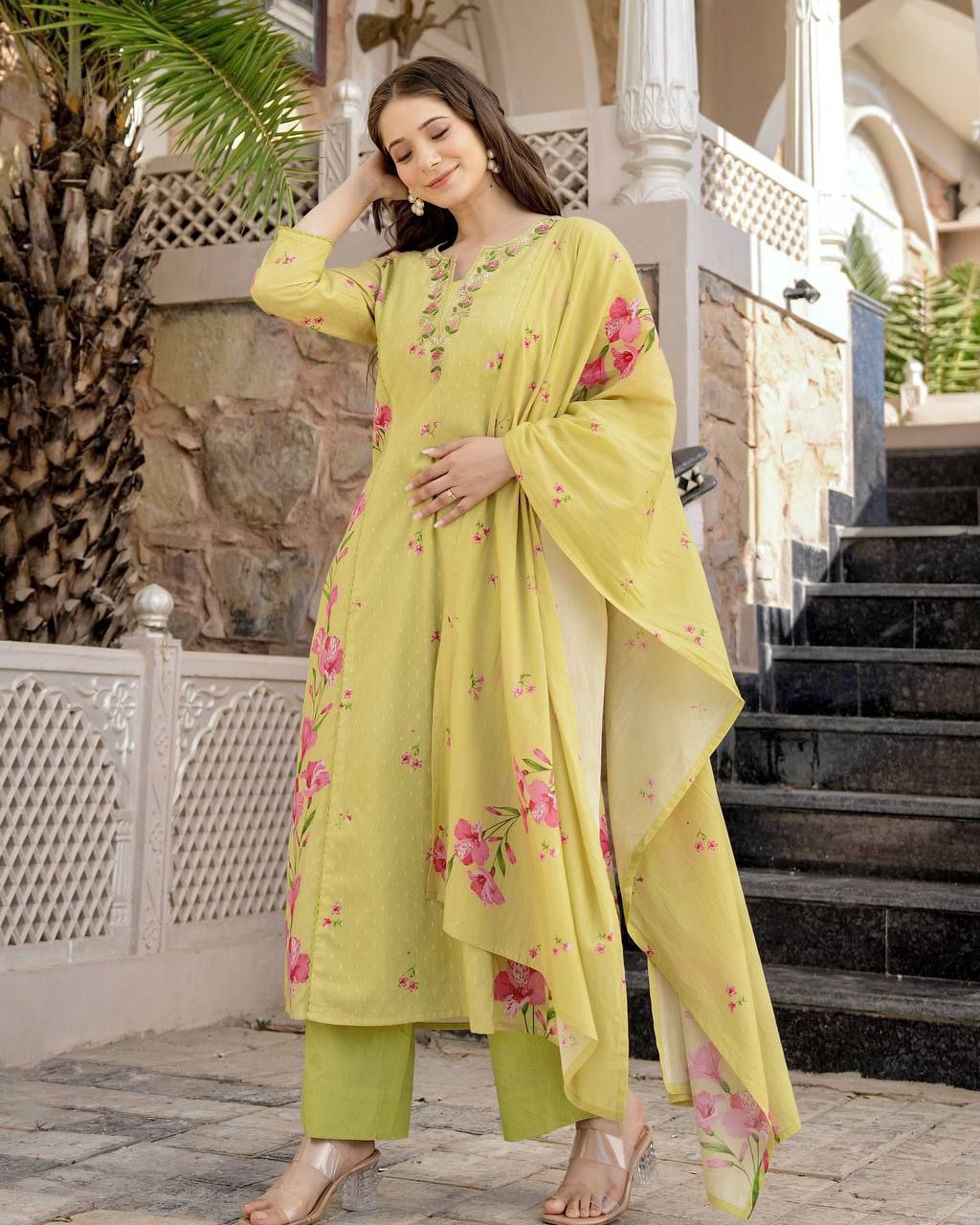 Lime Yellow & Light Pink Floral Printed Kurta Palazzo Set with Dupatta for Women | Attire Vogue
