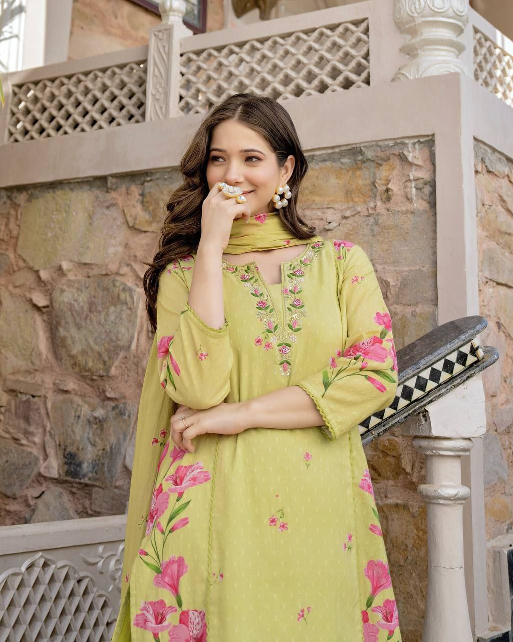 Lime Yellow & Light Pink Floral Printed Kurta Palazzo Set with Dupatta for Women | Attire Vogue