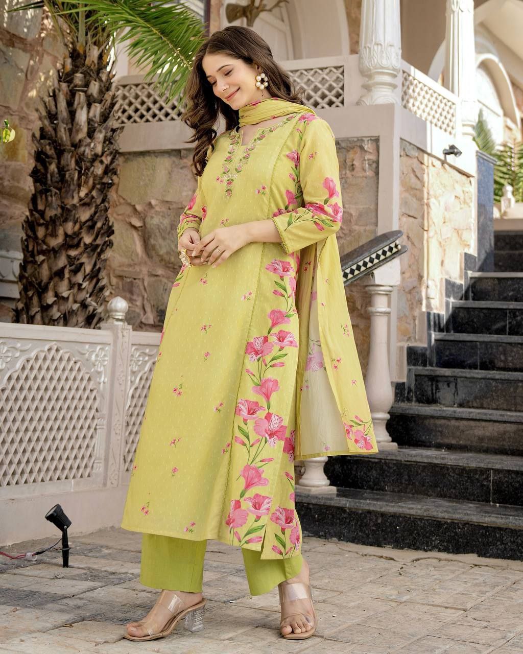 Lime Yellow & Light Pink Floral Printed Kurta Palazzo Set with Dupatta for Women | Attire Vogue