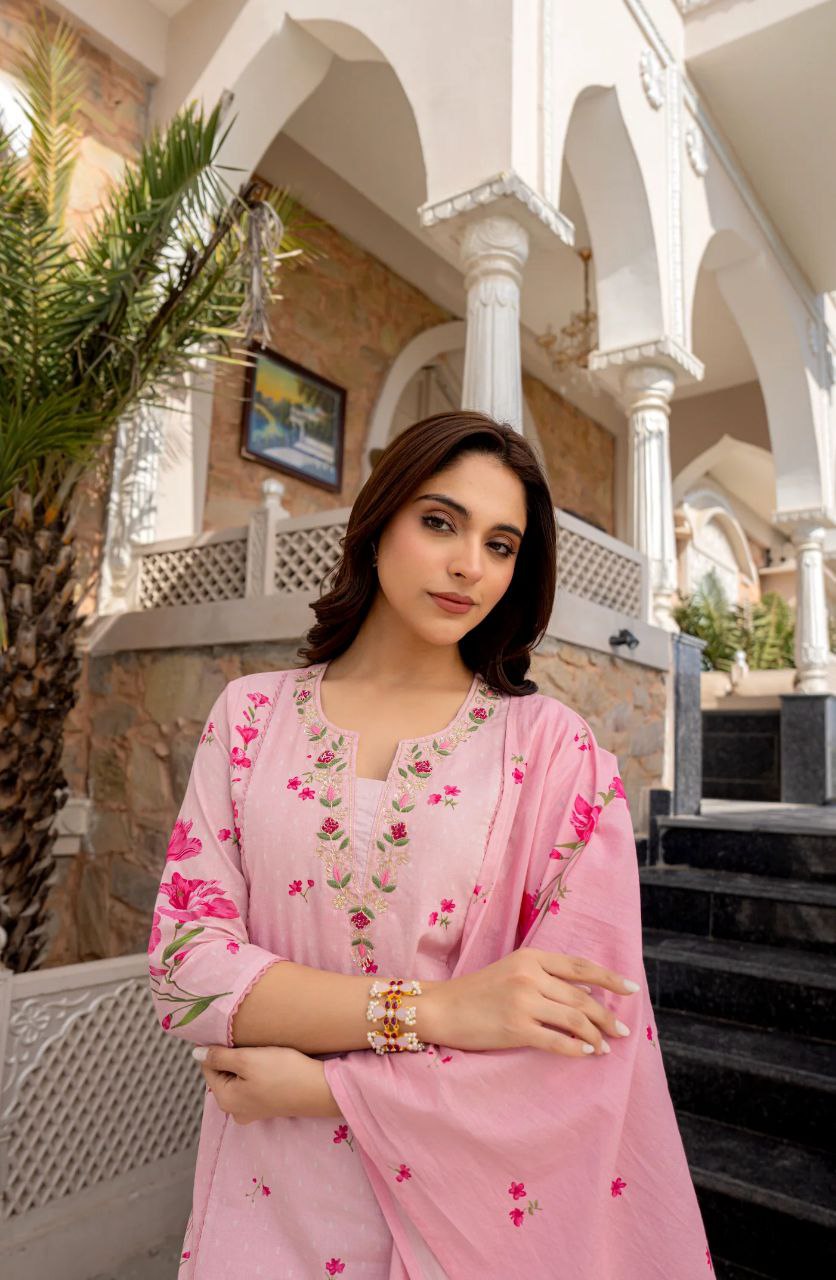 Lime Yellow & Light Pink Floral Printed Kurta Palazzo Set with Dupatta for Women | Attire Vogue