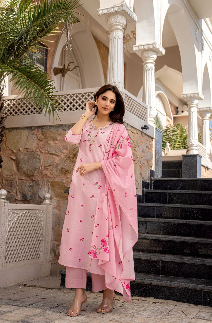 Lime Yellow & Light Pink Floral Printed Kurta Palazzo Set with Dupatta for Women | Attire Vogue