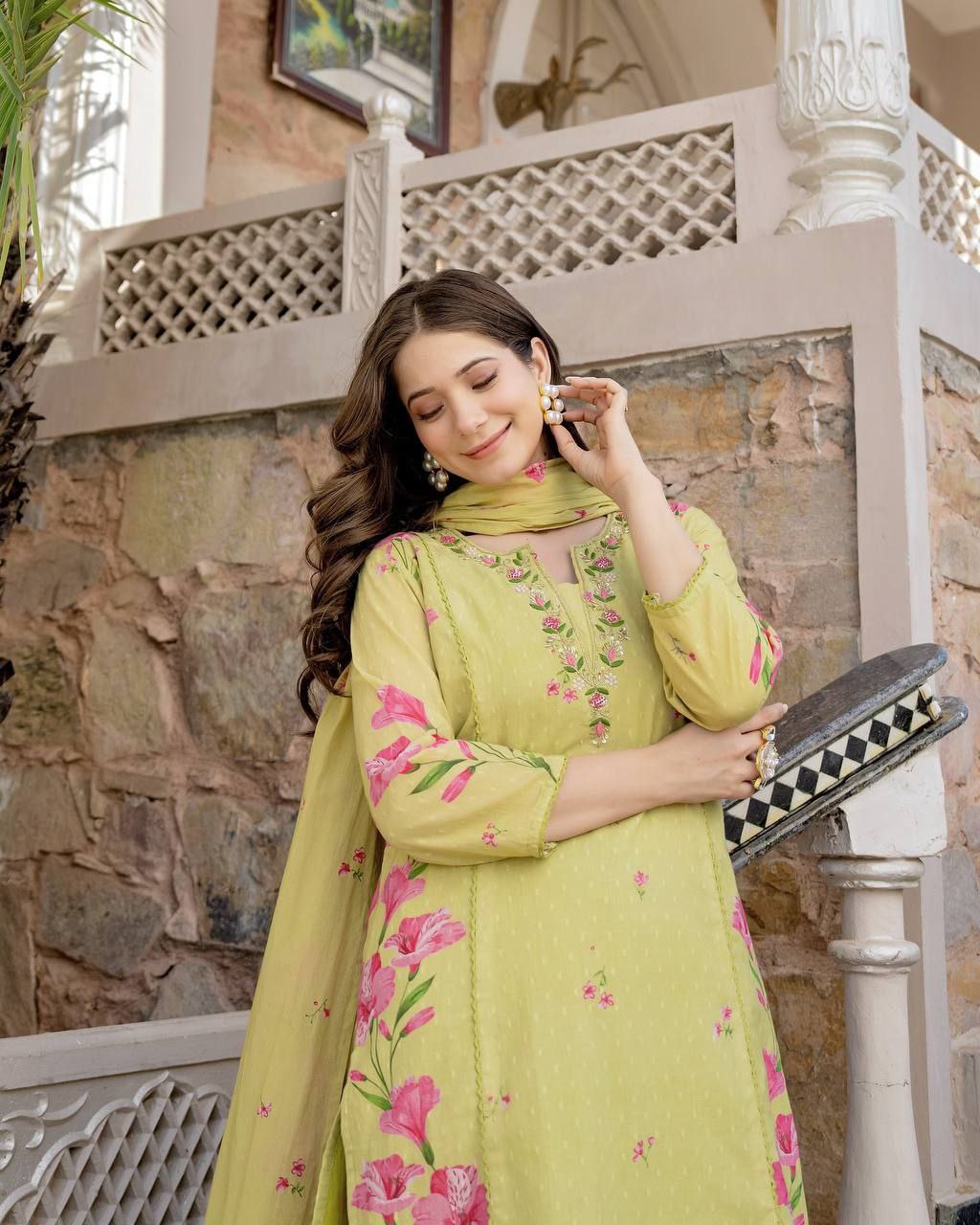 Lime Yellow & Light Pink Floral Printed Kurta Palazzo Set with Dupatta for Women | Attire Vogue
