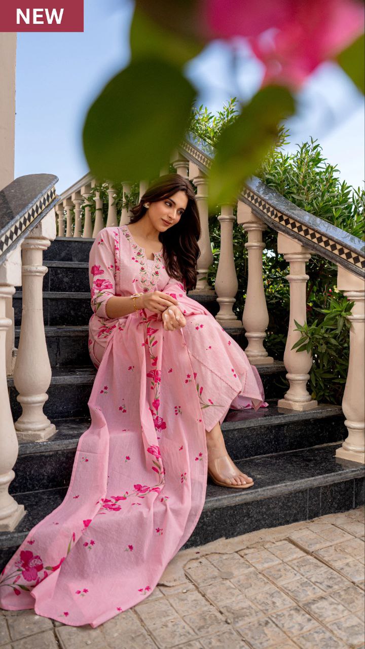 Lime Yellow & Light Pink Floral Printed Kurta Palazzo Set with Dupatta for Women | Attire Vogue