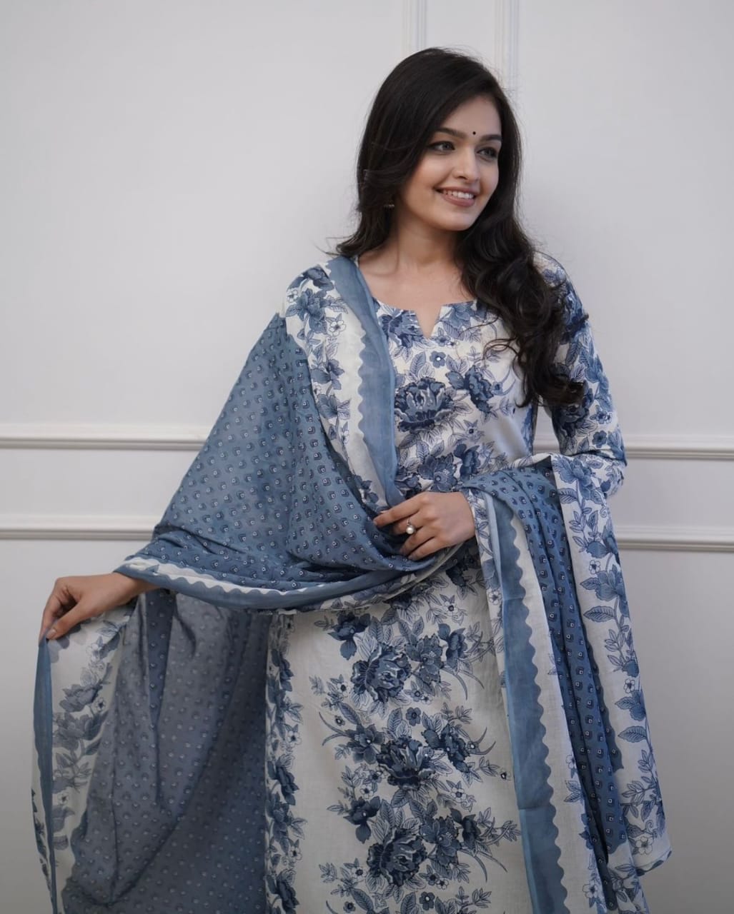 Indigo Blue Floral Printed Kurta Set with Dupatta for Women | Elegant Ethnic Wear