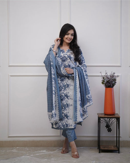 Indigo Blue Floral Printed Kurta Set with Dupatta for Women | Elegant Ethnic Wear