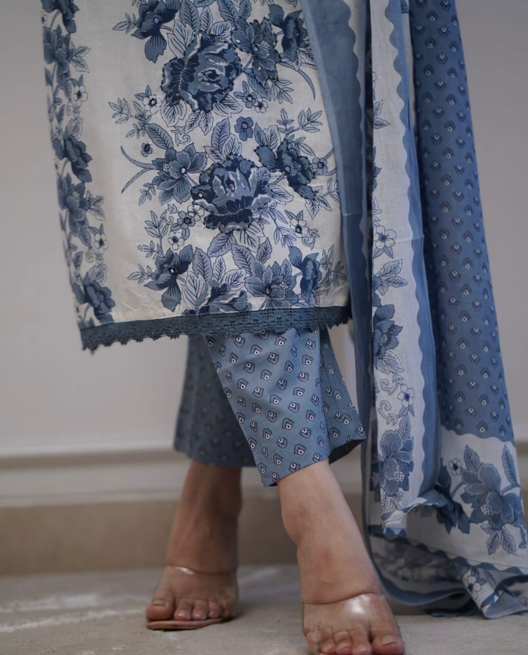 Indigo Blue Floral Printed Kurta Set with Dupatta for Women | Elegant Ethnic Wear