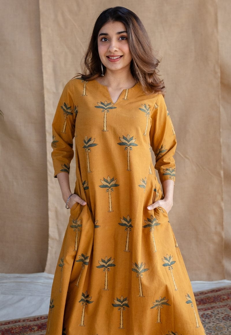 Mustard Palm Print A-Line Kurta Suit for Women | Comfortable Ethnic Wear