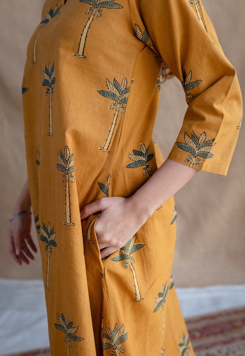 Mustard Palm Print A-Line Kurta Suit for Women | Comfortable Ethnic Wear