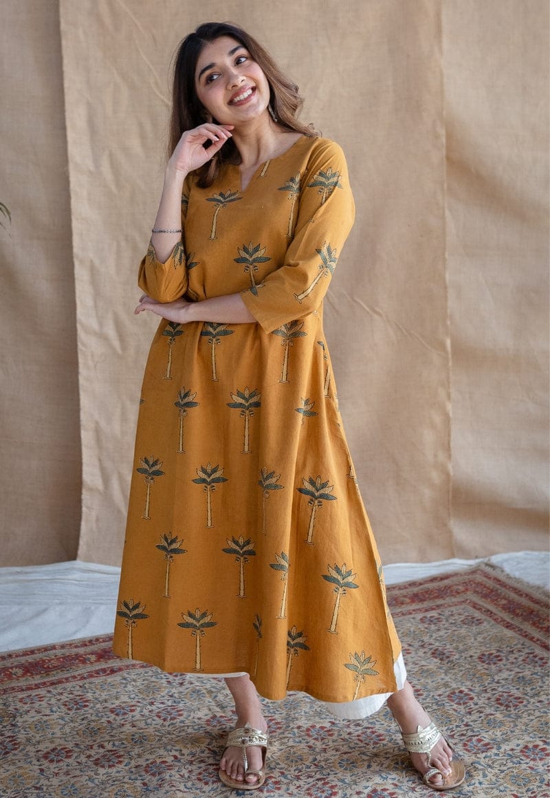Mustard Palm Print A-Line Kurta Suit for Women | Comfortable Ethnic Wear