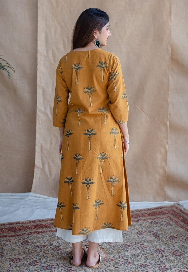 Mustard Palm Print A-Line Kurta Suit for Women | Comfortable Ethnic Wear