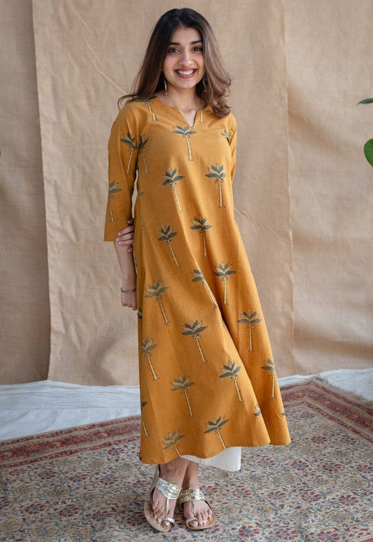 Mustard Palm Print A-Line Kurta Suit for Women | Comfortable Ethnic Wear