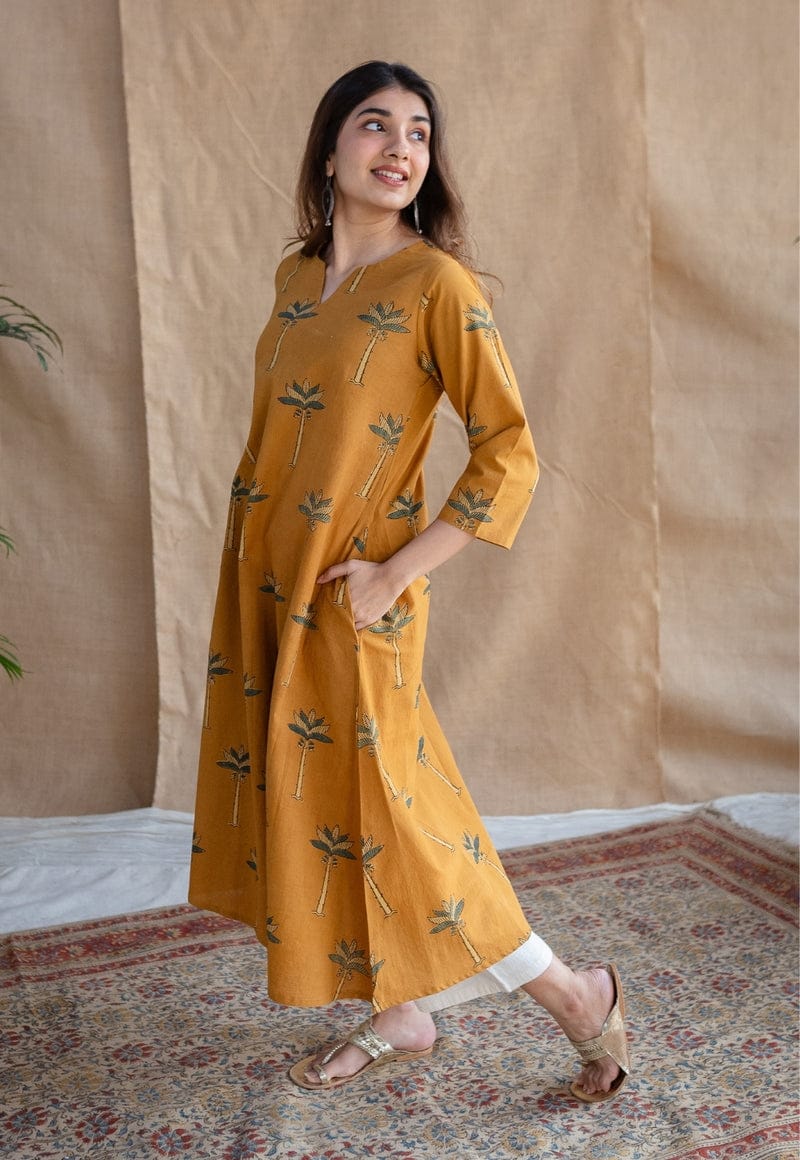 Mustard Palm Print A-Line Kurta Suit for Women | Comfortable Ethnic Wear