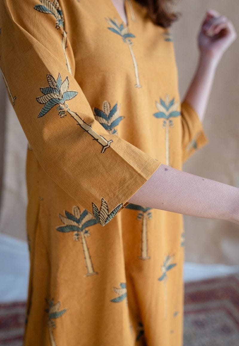 Mustard Palm Print A-Line Kurta Suit for Women | Comfortable Ethnic Wear