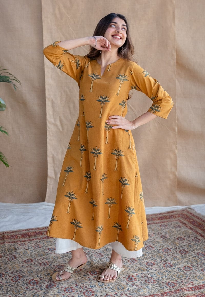 Mustard Palm Print A-Line Kurta Suit for Women | Comfortable Ethnic Wear