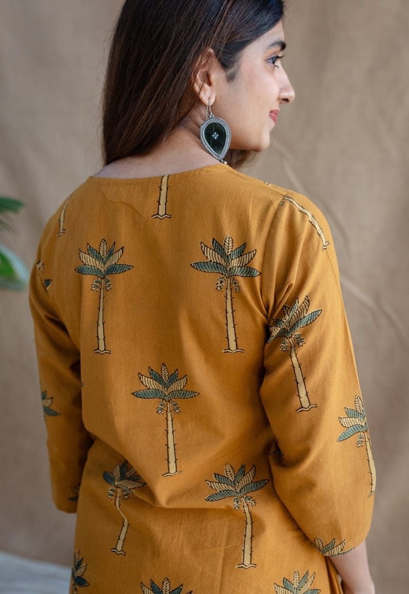 Mustard Palm Print A-Line Kurta Suit for Women | Comfortable Ethnic Wear