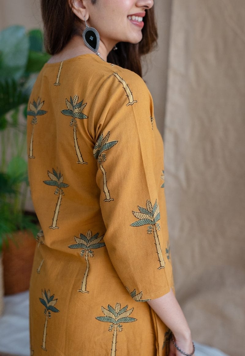 Mustard Palm Print A-Line Kurta Suit for Women | Comfortable Ethnic Wear