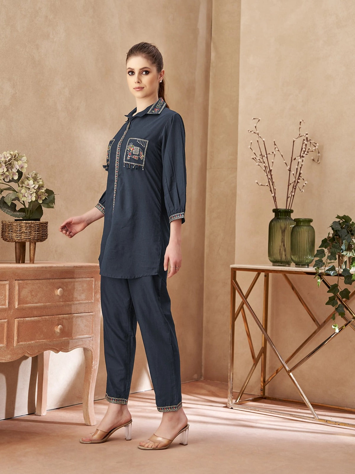Women's Embroidered Cotton Rust Orange & Navy Blue Co-Ord Set | Designer Shirt & Pant Set | Attire Vogue