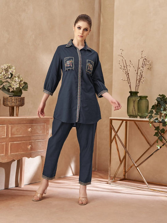 Women's Embroidered Cotton Rust Orange & Navy Blue Co-Ord Set | Designer Shirt & Pant Set | Attire Vogue